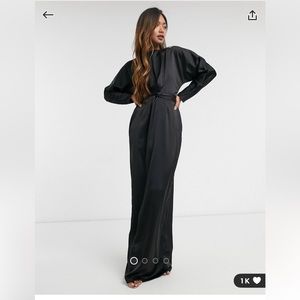 ASOS DESIGN satin maxi dress with batwing sleeve and wrap waist in black